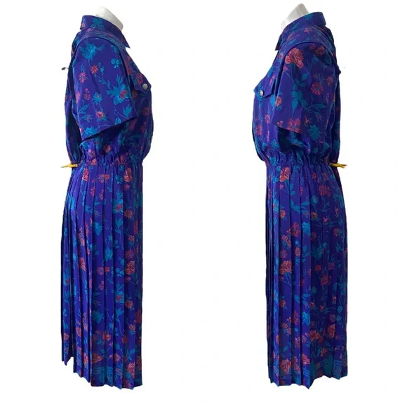 Vintage 1990s LESLIE FAY Floral Pleated retro Multicolored swing Dress sz 16 - Picture 3 of 11